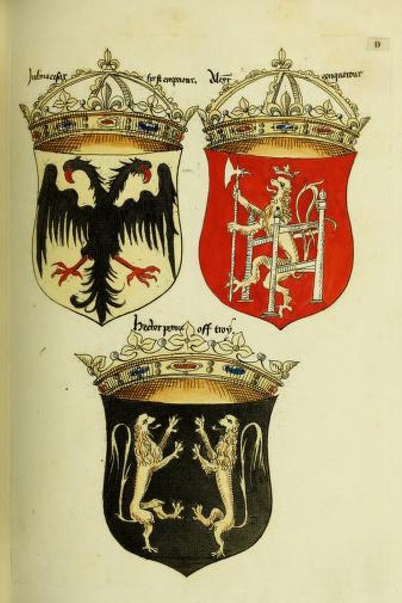 May include: An illustration featuring three heraldic shields with crowns. The top left shield is white with a black double-headed eagle. The top right is red with a lion holding an axe on a throne. The bottom shield is black with two gold lions.