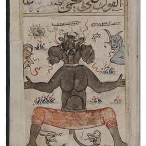 May include: An antique manuscript page featuring a central dark-skinned figure with three heads, including a central horned head and two side heads. The figure wears orange trousers and has a tail ending in two dragon-like heads. Arabic text is at the top.