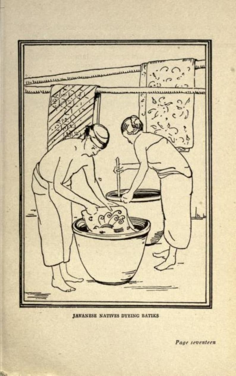 May include: Two people are shown dyeing fabric in large vats. The fabric is being dipped into the vats and then hung to dry. The caption reads "Javanese Natives Dyeing Batiks".