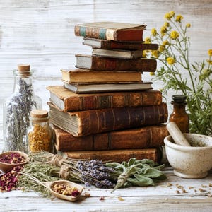 May include: A stack of nine antique books with worn leather covers sits beside a clear glass bottle filled with dried lavender, a small jar of yellow herbs, a white mortar and pestle, and bundles of dried lavender and sage on a wooden surface.