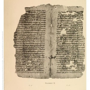 May include: A black and white photograph of a fragment of a scroll with Hebrew text. The scroll is damaged and has holes in it. The text is written in a cursive script. The fragment is labeled "Fragment II" and is from the University of California.