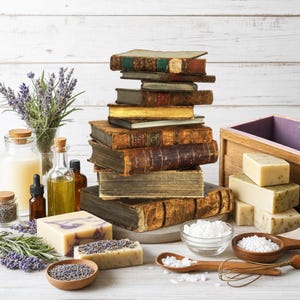 Può includere: Una pila di libri antichi accanto a saponette, uno stampo in legno, flaconi d'olio, una ciotola di scaglie di cera bianca e rametti di lavanda. Un cucchiaio di legno contiene scaglie di cera e una frusta riposa vicino a dei fiori di lavanda.