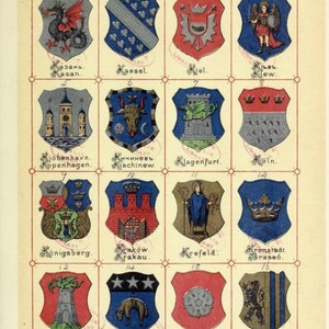 May include: A vintage print titled ST&Auml;DTE-WAPPEN VON EUROPA featuring a grid of sixteen colorful heraldic shields representing European cities. Each shield displays unique symbols like dragons, towers, crowns, and figures, with city names listed below.