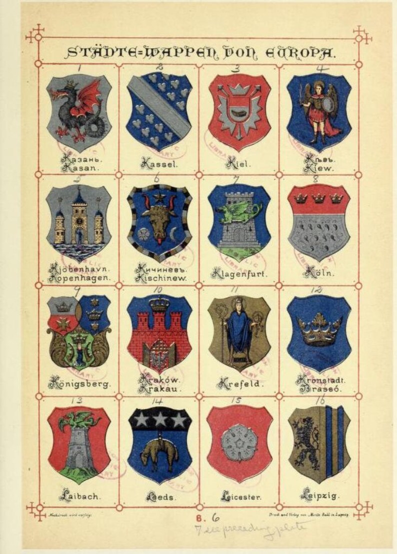 May include: A vintage print titled ST&Auml;DTE-WAPPEN VON EUROPA featuring a grid of sixteen colorful heraldic shields representing European cities. Each shield displays unique symbols like dragons, towers, crowns, and figures, with city names listed below.