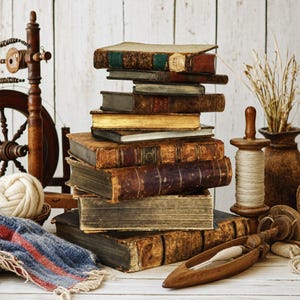 May include: A tall stack of antique, leather-bound books with weathered spines and gold-gilded edges. Beside the books are a wooden spinning wheel, a ball of white yarn, a spool of thread, a wooden weaving shuttle, and a ceramic vase with dried grass.