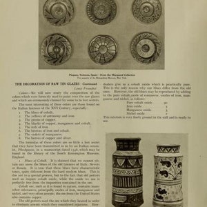 May include: A page from Keramic Studio featuring six circular plates with intricate embossed patterns at the top and two cylindrical vases with geometric and floral designs at the bottom, accompanied by detailed historical text about tin glazes.