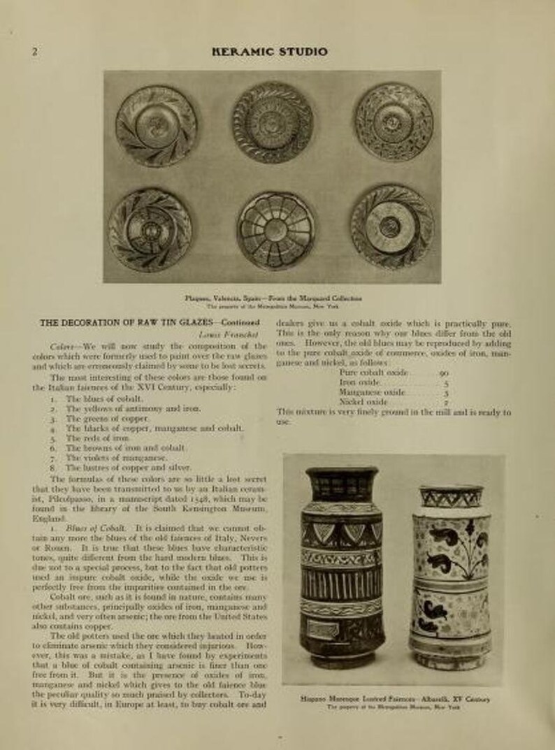 May include: A page from Keramic Studio featuring six circular plates with intricate embossed patterns at the top and two cylindrical vases with geometric and floral designs at the bottom, accompanied by detailed historical text about tin glazes.