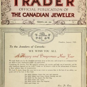May include: A black and white image of a vintage advertisement for a jewelry company. The ad features the text "The Trader, Official Publication of The Canadian Jeweler" and a message wishing jewelers a happy and prosperous new year. The ad also includes the company's name, "Geo. H. Lees & Co., Hamilton, Ontario."