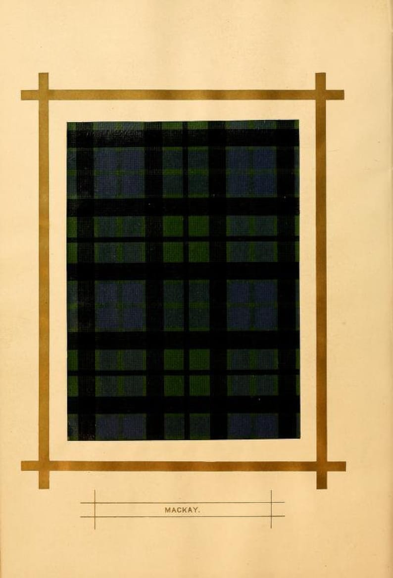 K&ouml;nnte beinhalten: Ein schwarzes, gr&uuml;nes und blaues Karomuster in einem goldenen Rahmen. Der Text "MACKAY." befindet sich unterhalb des Rahmens.