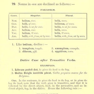 May include: A page from a textbook titled First Steps in Latin, Lesson XVII, Nouns Second Declension. It features a table showing the declension of the noun bellum, meaning war, in singular and plural cases, along with grammatical rules and examples.