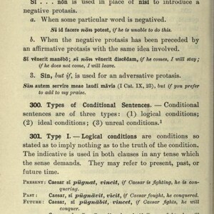 May include: A page from a Latin Composition textbook, numbered 62, featuring black printed text on a white background. The content explains conditional sentences, including examples like Nisi ille venerit, non manebo and Caesar si pugnat, vincit.