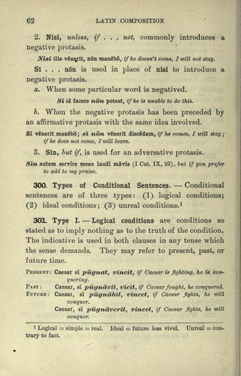 May include: A page from a Latin Composition textbook, numbered 62, featuring black printed text on a white background. The content explains conditional sentences, including examples like Nisi ille venerit, non manebo and Caesar si pugnat, vincit.