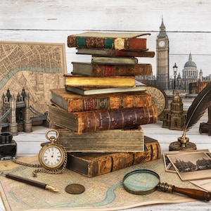 Könnte beinhalten: Ein Stapel antiker, ledergebundener Bücher liegt auf einer alten Landkarte, ergänzt durch eine goldene Taschenuhr, einen Füllfederhalter, eine Lupe, eine Schreibfeder und ein Tintenfass. Miniaturmodelle von Londoner Wahrzeichen sind ebenfalls zu sehen.