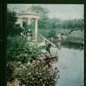 May include: A vintage book cover with the title "Practical Landscape Gardening" by Robert B. Cridland. The cover features a photo of a garden with a white gazebo, a pond, and lush greenery.