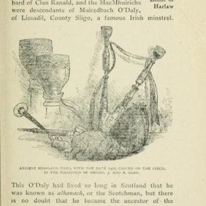 May include: A black and white illustration of an antique bagpipe with the date 1400 carved on the stock. The bagpipe is a musical instrument with a long history in Scotland.