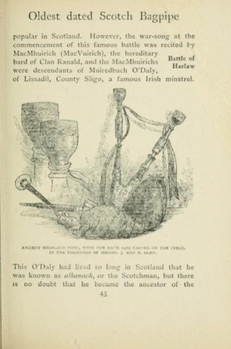 May include: A black and white illustration of an antique bagpipe with the date 1400 carved on the stock. The bagpipe is a musical instrument with a long history in Scotland.