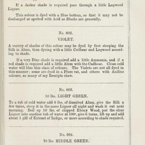 May include: A page from a book with instructions for dyeing silk in various colors, including Daunce Black, Violet, Light Green, and Middle Green. The instructions include the amount of dye and other ingredients needed, as well as the steps to follow.