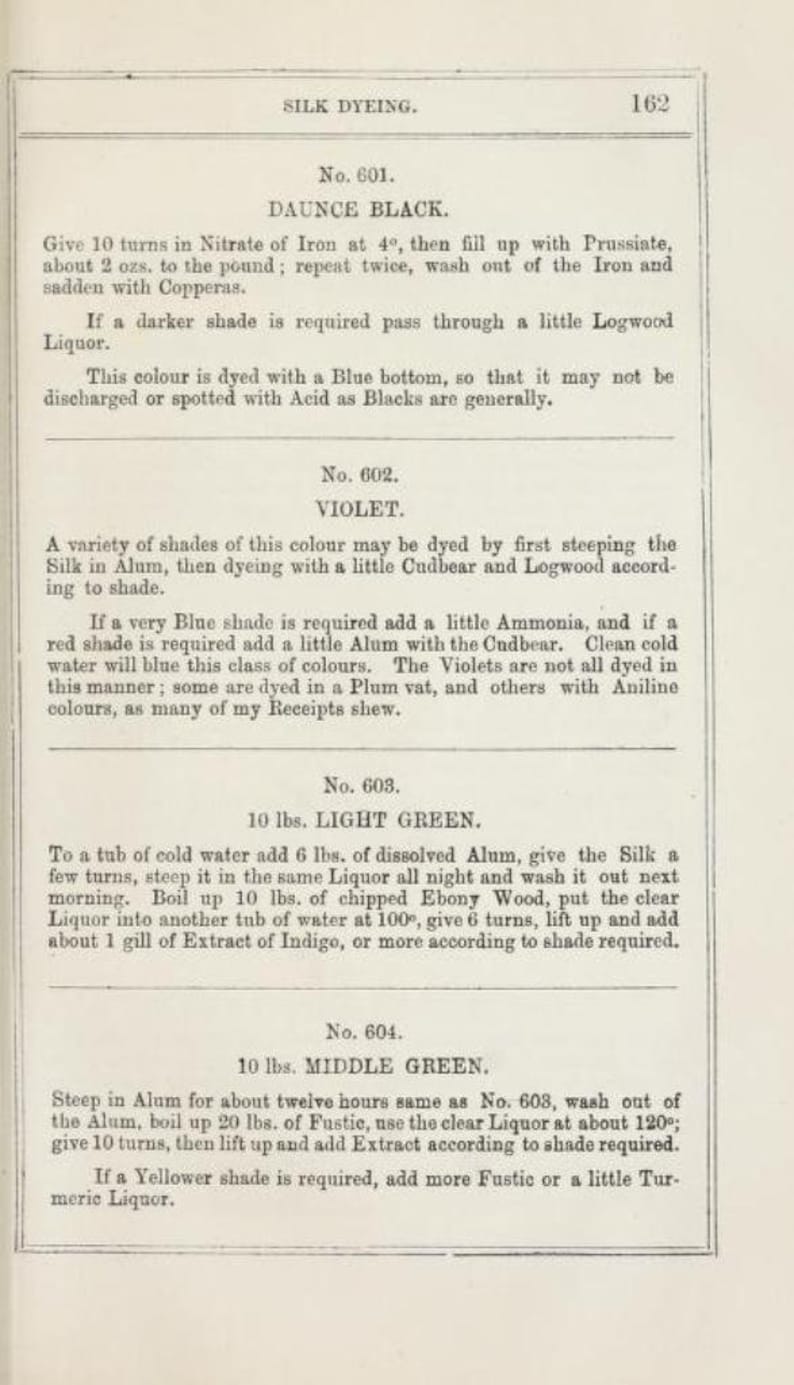 May include: A page from a book with instructions for dyeing silk in various colors, including Daunce Black, Violet, Light Green, and Middle Green. The instructions include the amount of dye and other ingredients needed, as well as the steps to follow.