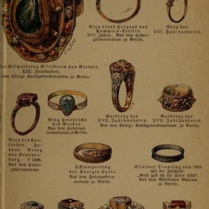 May include: A collection of antique rings from different periods, including a 16th-century ring with a green gemstone, a 17th-century gold ring, and a 18th-century silver ring. The rings are displayed on a beige background with text in German.