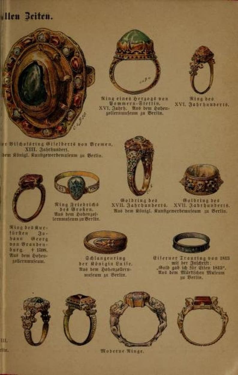 May include: A collection of antique rings from different periods, including a 16th-century ring with a green gemstone, a 17th-century gold ring, and a 18th-century silver ring. The rings are displayed on a beige background with text in German.