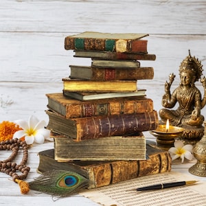Peut inclure: Une pile de livres anciens reliés en cuir avec des dos usés et des tranches dorées. À côté se trouvent une figurine de divinité en bronze, une bougie allumée dans un bol, un chapelet en bois, une plume de paon et un stylo plume noir.