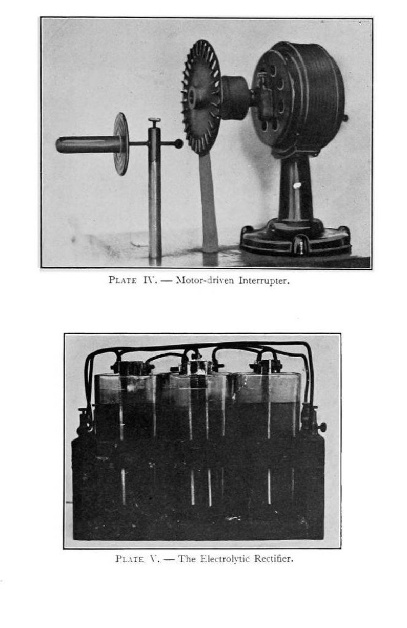 May include: A black and white illustration featuring two scientific devices. The top image shows a motor-driven interrupter with a rotating wheel and a stand. The bottom image displays an electrolytic rectifier with three glass jars and wiring.