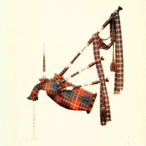 May include: A traditional Scottish bagpipe with a red, green, and black plaid bag and a matching plaid strap. The bagpipe has a wooden chanter and three drones.