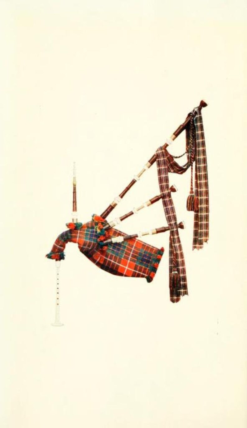 May include: A traditional Scottish bagpipe with a red, green, and black plaid bag and a matching plaid strap. The bagpipe has a wooden chanter and three drones.