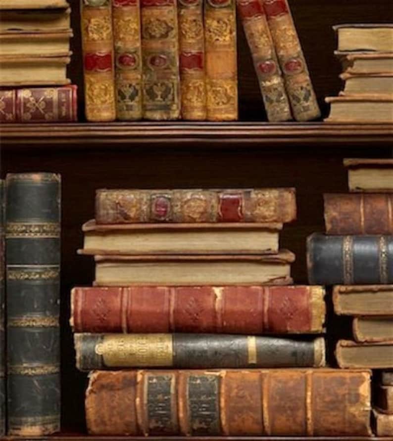 May include: A bookshelf filled with antique books, some with leather covers and gold lettering. The books are arranged in rows on the shelves, with some stacked on top of each other.