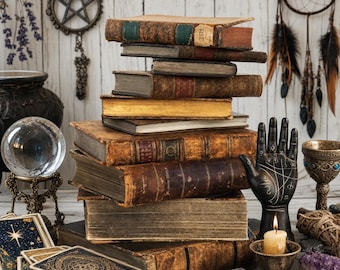 May include: A stack of antique leather-bound books sits centrally, surrounded by a clear crystal ball on a metal stand, a black palmistry hand, a lit candle in a metal holder, tarot cards, a pentacle wall hanging, and a dreamcatcher.