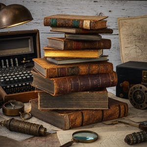 May include: A tall stack of antique leather-bound books with weathered covers and gold-gilded edges. The collection includes various sizes and textures, resting on a surface with a magnifying glass, a brass compass, and vintage mechanical devices.