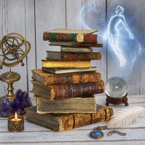 Può includere: Una pila di libri antichi con copertine in pelle consumata, una sfera armillare in ottone, una sfera di cristallo su supporto in legno, un grappolo di ametista viola, una candela accesa in un portacandele in metallo, una piuma bianca e uno spirito blu.