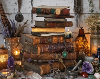 Puede incluir: Una alta pila de libros antiguos encuadernados en cuero desgastado se sitúa en el centro, rodeada de cristales, un mortero con mano de metal, una pequeña vela encendida, un amuleto de pentagrama metálico y una cadena con un colgante de piedra verde.