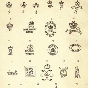以下が含まれることがあります： DERBY MARKSと題された印刷されたチャートには、歴史的な磁器メーカーのマークの黒いインクのイラストが24個掲載されています。各マークには番号が付けられており、さまざまな王冠のモチーフ、交差したバトン、Duesbury、Bloor、Derbyなどのテキストが表示されています。