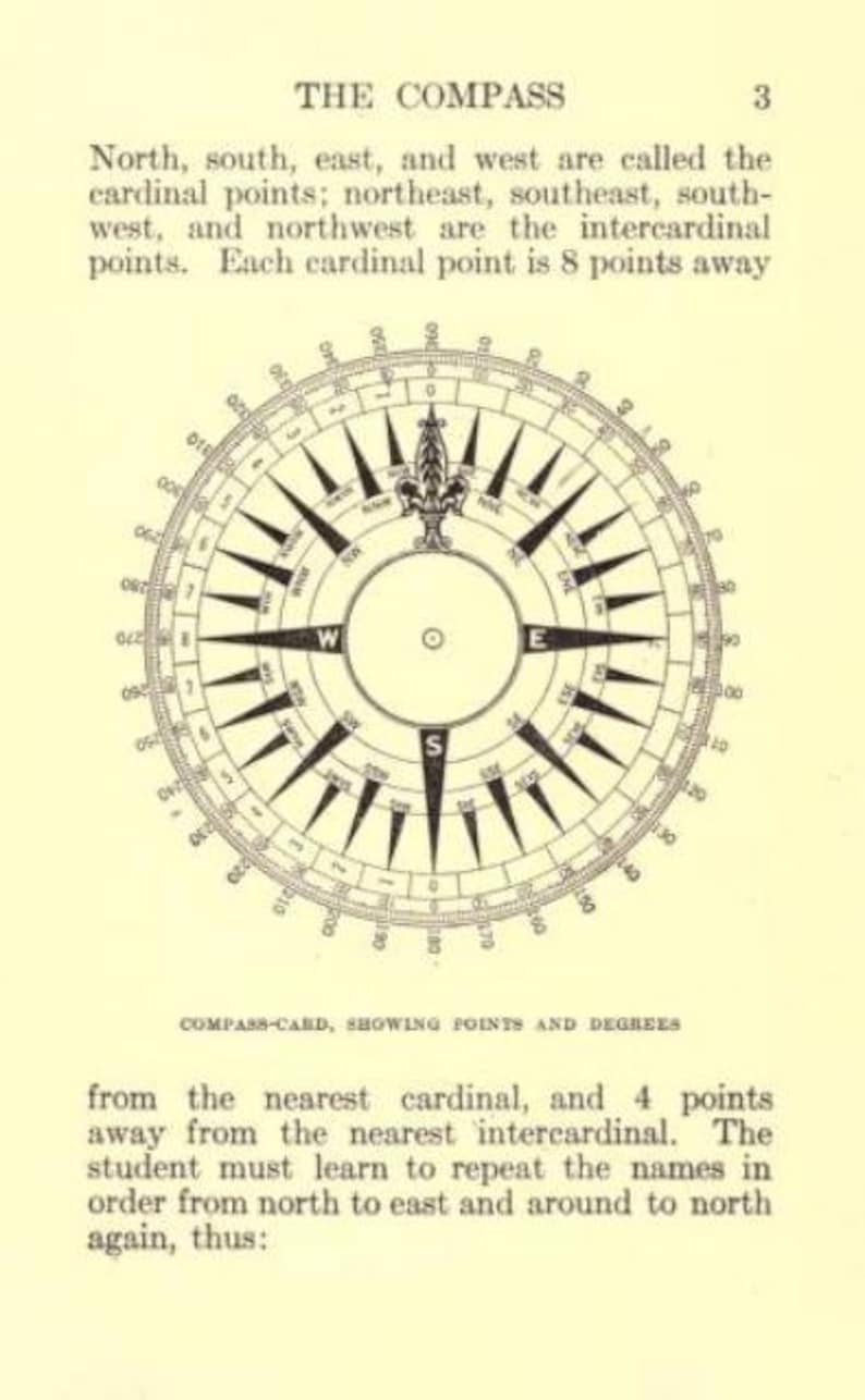 May include: A black and white illustration of a compass rose with cardinal and intercardinal points, featuring a fleur-de-lis at the north position. The text reads: THE COMPASS 3, North, south, east, and west are called the cardinal points; COMPASS-CARD, SHOWING POINTS AND DEGREES.