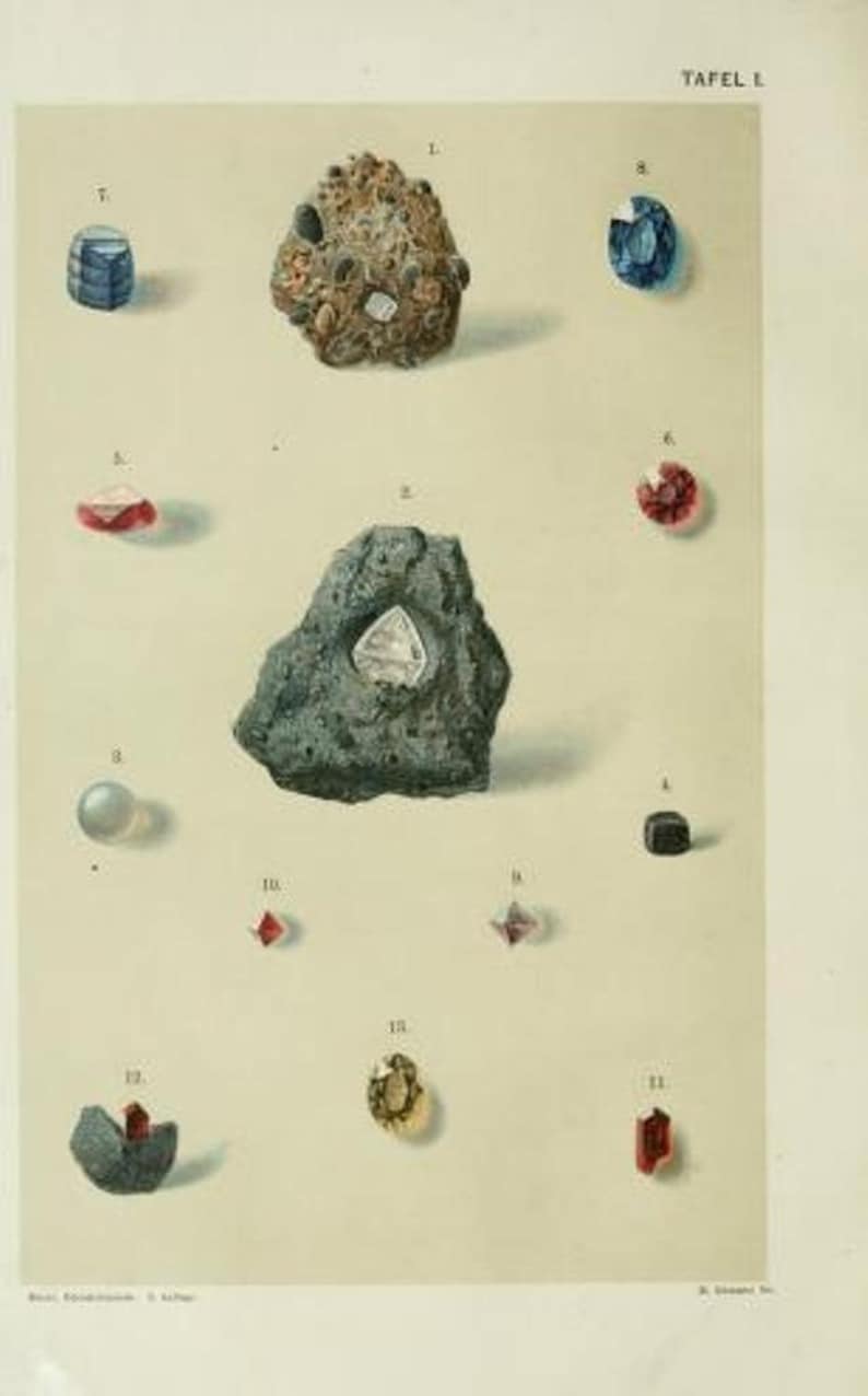 May include: A vintage illustration of various gemstones and minerals, including a large diamond in a rock, a blue sapphire, and several red rubies. The illustration is labeled with numbers and the text "TAFEL I."