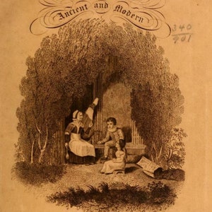 May include: A black and white illustration of a woman and two children sitting under a tree. The woman is holding a spinning wheel and the children are looking at her. The title "MINSTRELSY Ancient and Modern" is at the top of the image. The text "GLASGOW. JOHN WYLIE, MDCCCXLVII." is at the bottom of the image.