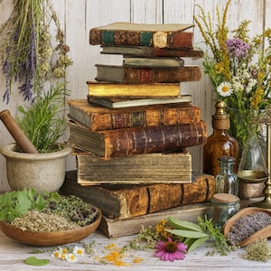 May include: A stack of antique leather-bound books sits on a wooden surface, surrounded by a stone mortar and pestle, a wooden bowl filled with dried herbs, glass apothecary bottles, a brass scale, and various fresh and dried wildflowers.