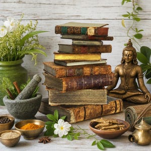 Könnte beinhalten: Ein Stapel antiker Bücher mit abgenutzten Ledereinbänden steht neben einer bronzenen Buddha-Statue, einem steinernen Mörser mit Stößel und kleinen Schalen mit Gewürzen und Kräutern. Eine grüne Vase mit weißen Blumen und grünem Blattwerk steht im Hintergrund.