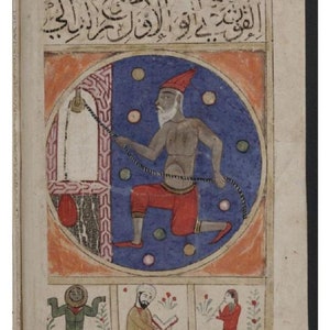 May include: An illuminated manuscript page featuring a central circular illustration of a figure in a red hat and trousers pulling a rope attached to a pulley. Below are three smaller panels depicting a seated figure, a reader, and a musician.