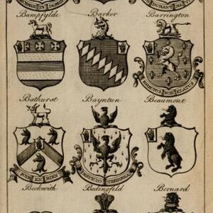 May include: A black and white historical print featuring twelve heraldic coats of arms arranged in a grid. Each shield displays unique symbols, including lions, birds, and geometric patterns, with names like Bampfylde, Barker, and Barrington inscribed below.