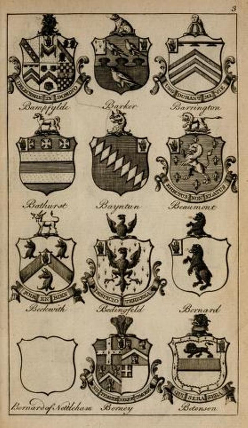 May include: A black and white historical print featuring twelve heraldic coats of arms arranged in a grid. Each shield displays unique symbols, including lions, birds, and geometric patterns, with names like Bampfylde, Barker, and Barrington inscribed below.