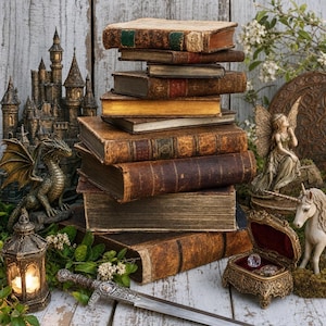 May include: A stack of weathered, leather-bound antique books sits centrally, surrounded by a miniature castle, a dragon figurine, a fairy statue, a unicorn, a metal lantern, a decorative jewelry box with a crystal, and a silver sword.
