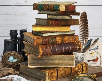 May include: A stack of antique books with worn leather covers and gold-gilded edges, accompanied by black binoculars, a bird's nest with blue eggs, a magnifying glass, a large feather, and an open book featuring illustrations of birds and eggs.