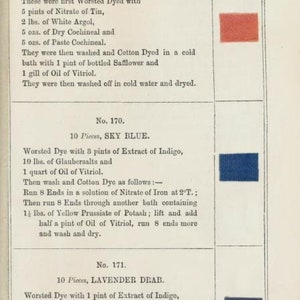 May include: A page from a book with instructions for dyeing fabric. The page shows three different colors: pink, blue, and a lavender-drab color. Each color has a corresponding text description of the dyeing process.