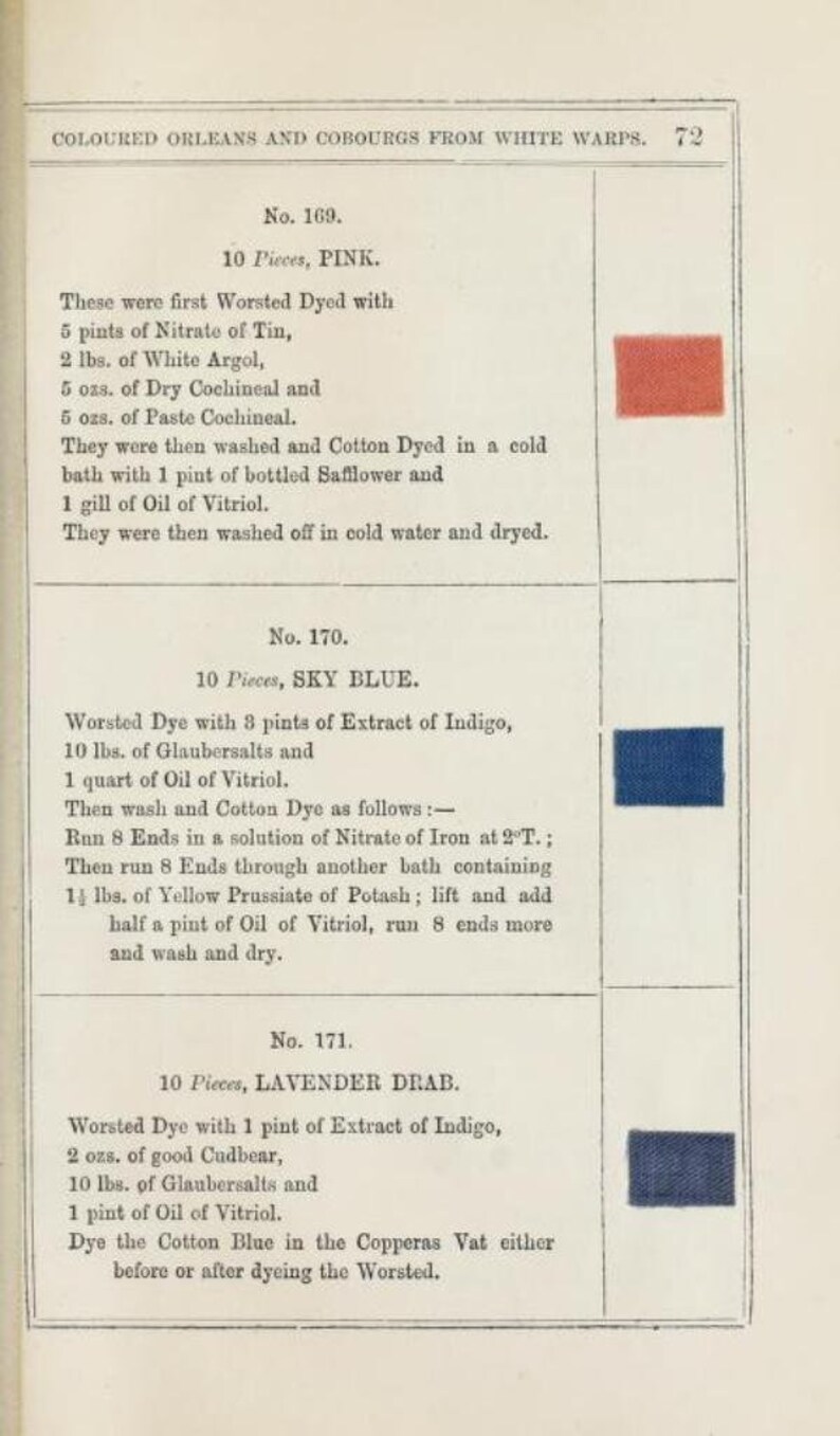 May include: A page from a book with instructions for dyeing fabric. The page shows three different colors: pink, blue, and a lavender-drab color. Each color has a corresponding text description of the dyeing process.