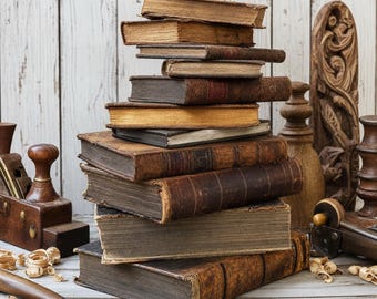 May include: A vertical stack of eleven antique books with worn brown and tan covers, positioned alongside a wooden hand plane, a metal chisel, and a carved wooden decorative element, all resting on a light-colored, weathered wooden surface.