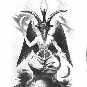 May include: A black and white illustration of a winged, horned figure with a star on its forehead. The figure is sitting on a throne with a crescent moon on either side. The text "CLIPPAS LEVI DEL" is written below the figure.