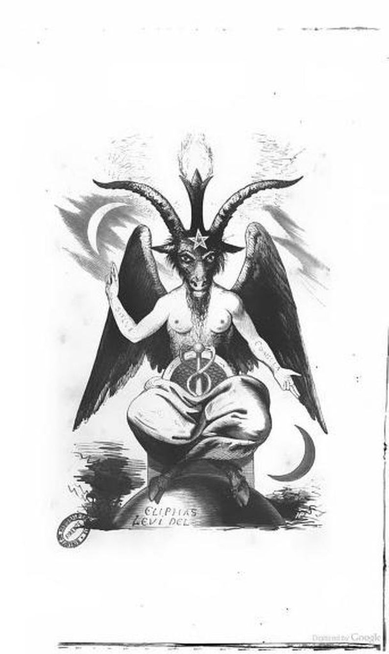 May include: A black and white illustration of a winged, horned figure with a star on its forehead. The figure is sitting on a throne with a crescent moon on either side. The text "CLIPPAS LEVI DEL" is written below the figure.