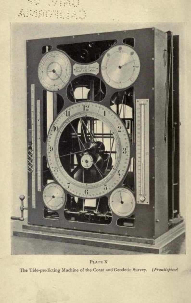 May include: A black metal tide-predicting machine featuring a large central circular dial with numbers one through twelve, surrounded by four smaller circular dials, two vertical scales, and a hand crank on the left side, labeled Plate X.
